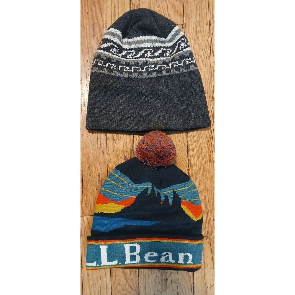 Llbean mens wool beanie Winter hat blue orange gray fairisle
